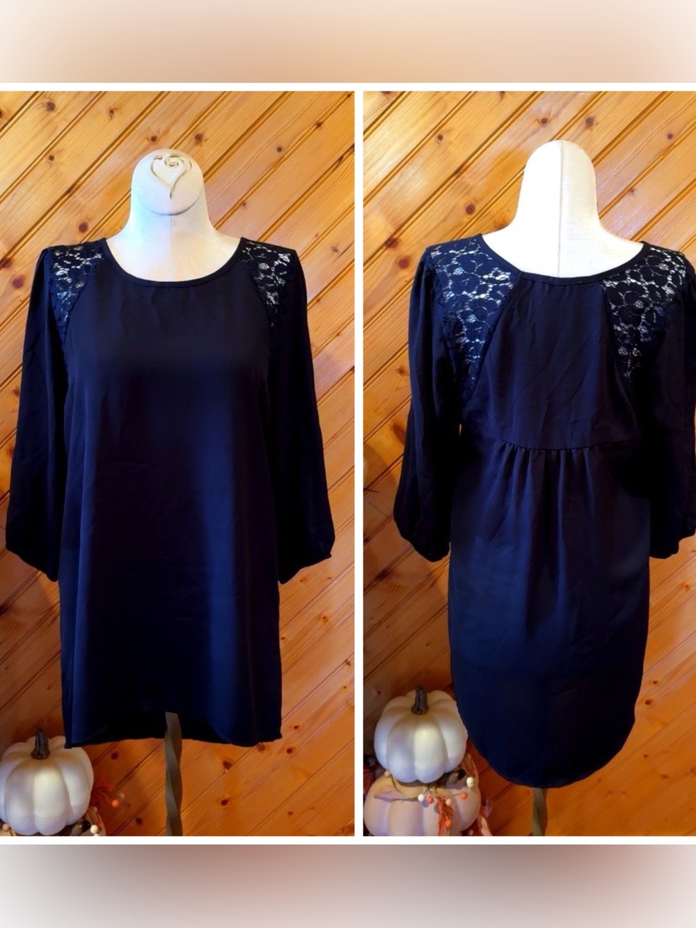 Tea n’ Rose Black Lace Shoulder Blouse Tunic Top High Low 3/4 Sleeve